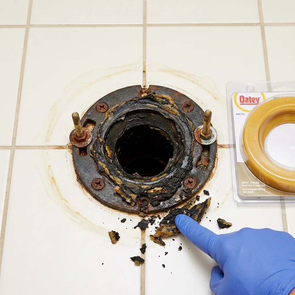 Failed wax ring showing water seepage at the base of a toilet in a Saint James, MO home